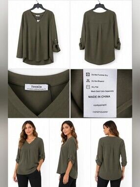 Youtalia Women's XL Olive Green V-Neck Blouse Roll Tab Sleeve Tunic Top NWT.